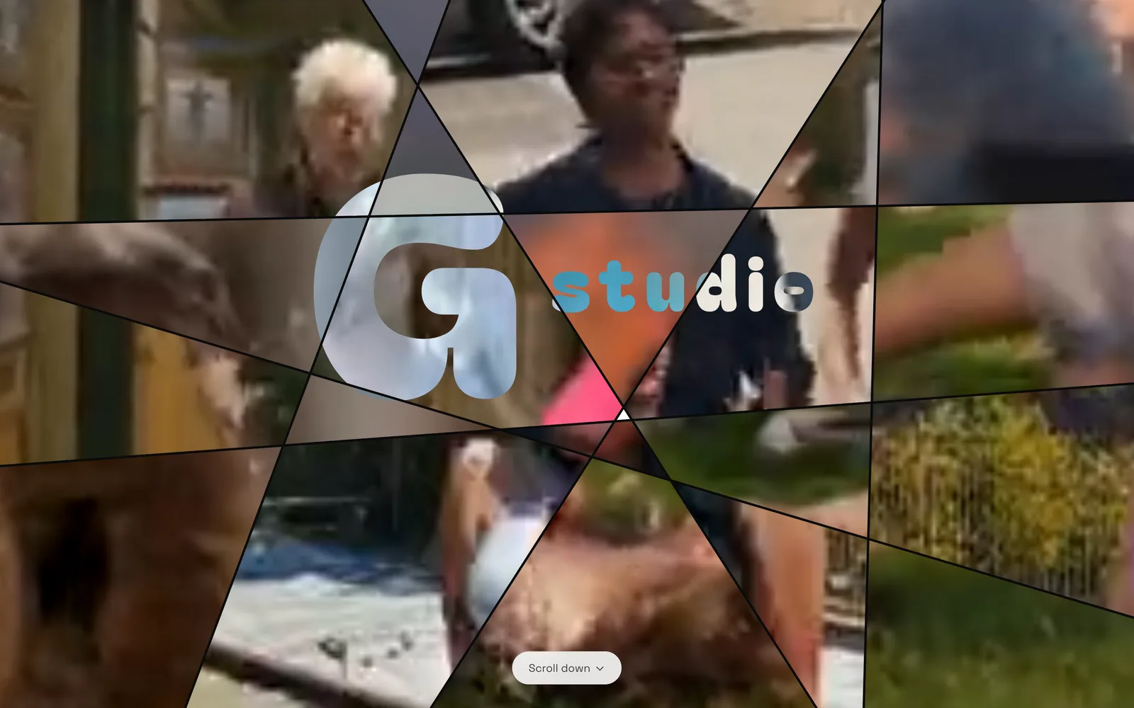 The G Studio homepage, where the logo sits on video stills cut into angular polygon tiles
