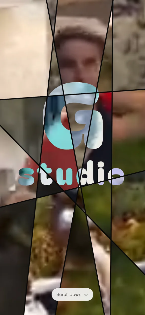 The G Studio homepage on a phone, with the logo over polygon-cut video tiles
