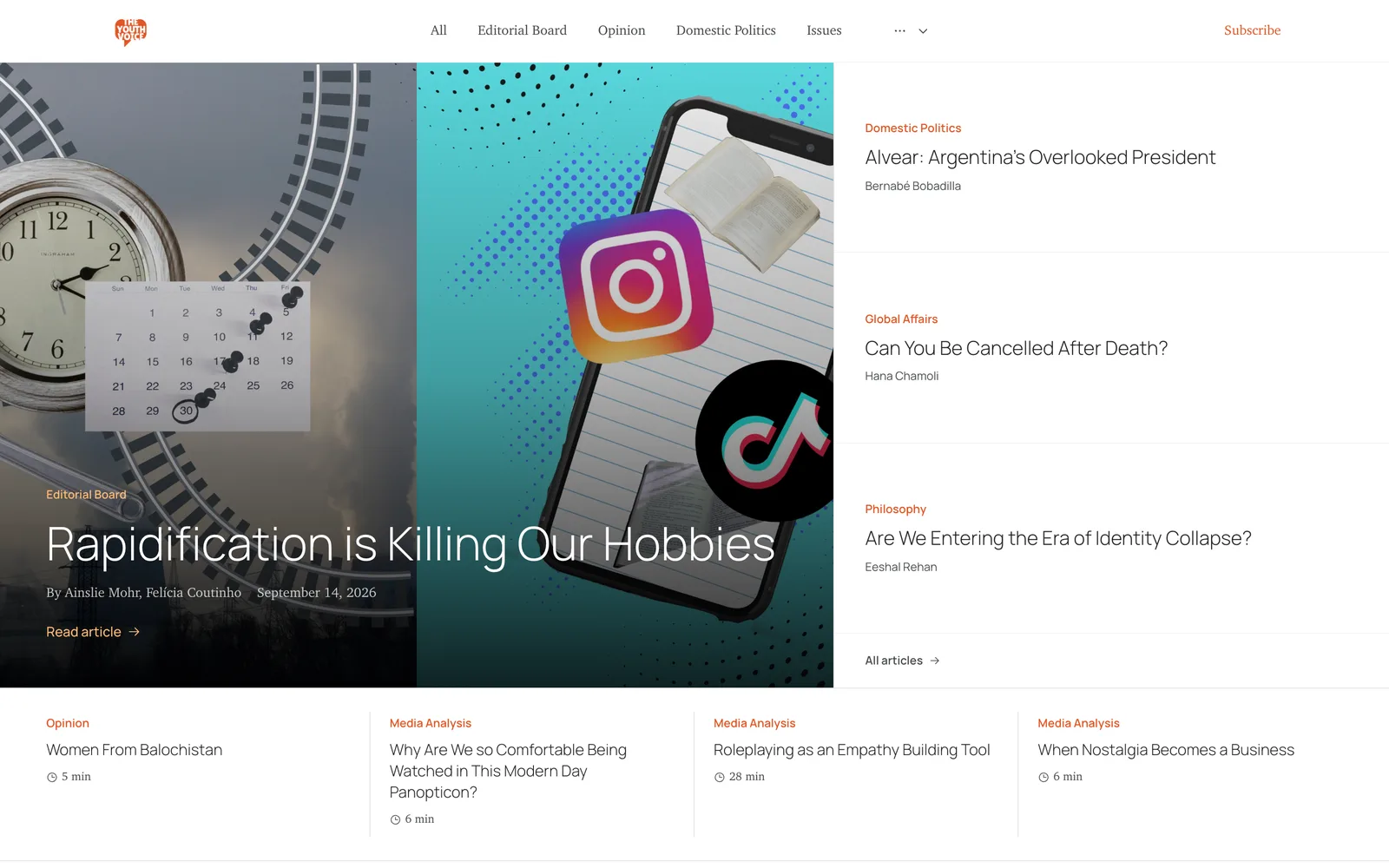 The Journal For Youth Voice homepage with its lead article, three more headlines, and a row of recent pieces