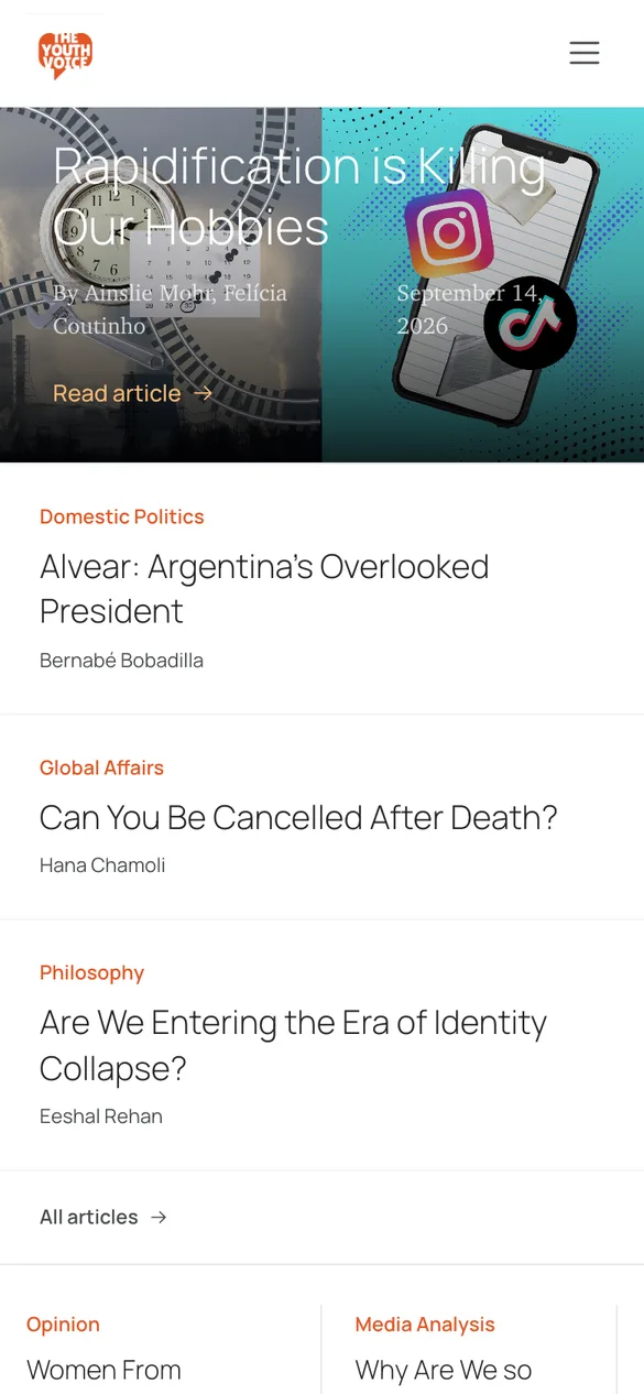The Journal For Youth Voice homepage on a phone, led by its featured article