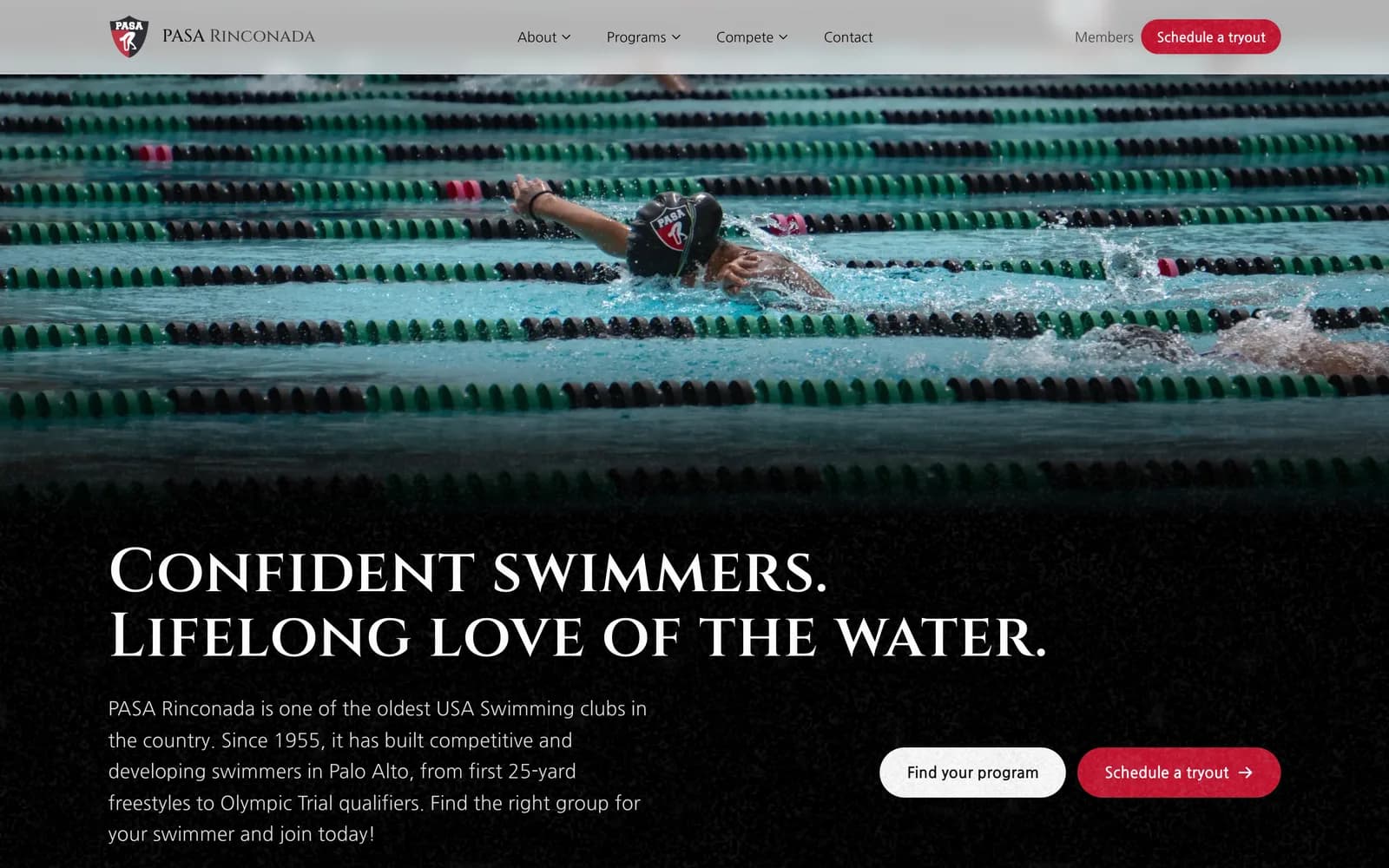 The PASA Rinconada homepage with a swimmer mid-stroke above buttons to find a program or schedule a tryout
