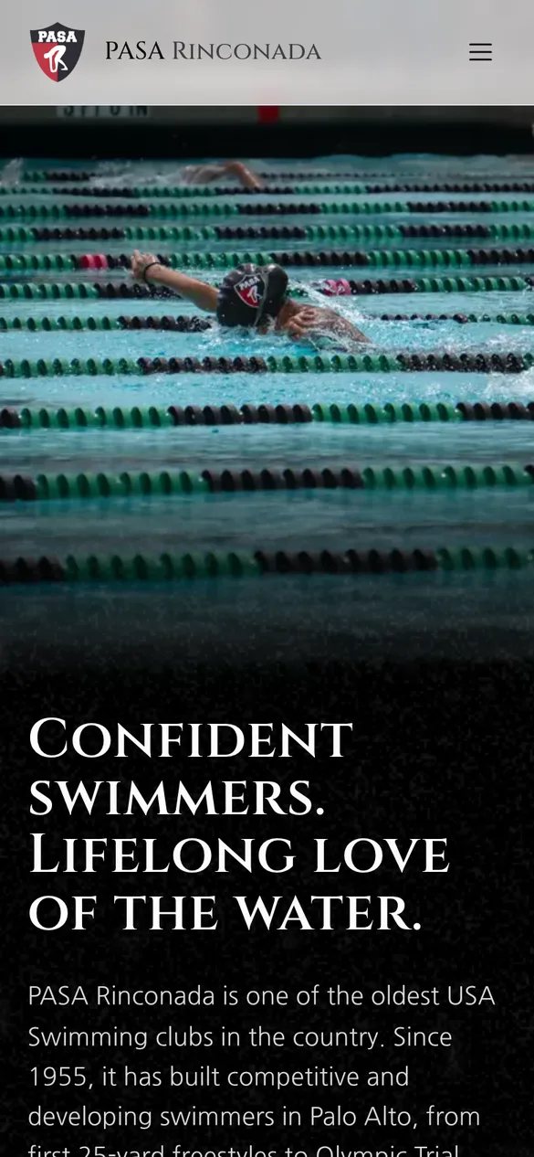 The PASA Rinconada homepage on a phone, with a swimmer photo and a tryout button